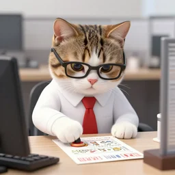 cat wearing glasses, a white shirt, and a red tie stamping postcards at an office cubicle