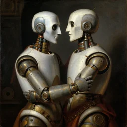 renaissance era, oil painting of two robots hugging