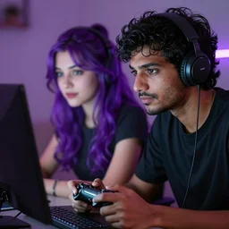 my friend milan with a girl who has purple hair and plays video games, high details, fine face