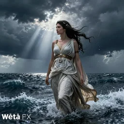 a greek goddess in an ocean storm, 4k, Crepuscular Rays, by Wētā FX