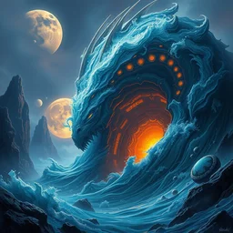 monster, water wave, alien planets, ornate and intricate, glowing nether portal, dim painterly lighting volumetric aquatics, jaw droping by anton fadeev, by rhads, 4 k, detailed