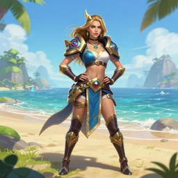 A 4k photo of Cara Delevingne dressed as a champion from League of Legends in a island\'s beach. Legendary Skin. Epic Posing. Visually Stimulating.