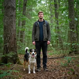 man with a dog in a forest