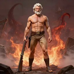a full body portrait of colonel sanders the greek god with a shotgun!! in hell!!! extremely beautiful, anatomically accurate, by artgerm and by greg rutkowski and by alphonse mucha and by simon bisley, radiant light, detailed and intricate environment,