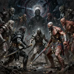 an ultra detailed matte landscape painting of the hunter from bloodborne teaming up with kratos from god of war, two antiheros killing the great ones, epic fantasy, grimdark realism, cosmic horror, crossover space, ultrawide lens, intricate, highly detailed, digital painting, artstation, concept art, sharp focus, octane render, art by greg rutkowski and rembrandt, 8 k