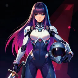 portrait poster art of woman in full sci - fi body suit holding a sword and a helmet, long straight hair, colourful, pretty face, symmetrical face, android eyes, anime style by rossdraws, artgerm and greg rutkowski, 4 k, graphic design, adobe illustrator, behance, trending on pixiv