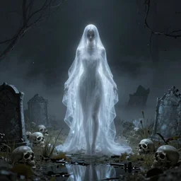 a beautiful centered etheral ghost female in a ruined cemetery by night, volumetric light and fog, ultra intricate details, omnious style,  skulls, marsh vegetation, ponds, reflections, octane render