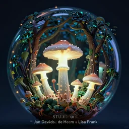 macro photo of bioluminous mushrooms growing in a spheroid forest, 3d render, nightlight Study, by Jan Davidsz de Heem and Lisa Frank, Art Nouveau, 8k, extreme detail, sharp focus, cinema 4d render