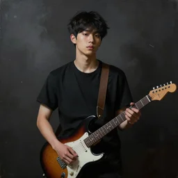 a young korean man wearing black t shirt holding an electric guitar!! in dark room, dramatic smoke, contrast lighting, matte colors, thought provoking, by conrad roset, dramatic brush painting, trending on artstation