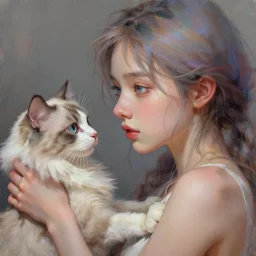 a girl looking sideways at a cat, intricate, fictional character, dynamic pose, dramatic lighting, realistic shaded lighting, pastel shades, expressively loose brush strokes, perfect face, 8 k realistic, hyper detailed, digital painting, artstation, concept art, hyper detailed eyes, art by sam spratt and peter mohrbacher and james jean
