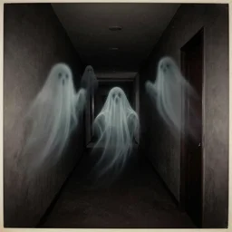 a faded old film photograph of a dark hallway with mysterious ghost orbs, ethereal, creepy, hyper detailed