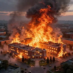 a beautiful hyperrealistic detailed 3D render of a burning school, by Anton Otto Fischer, Atey Ghailan, genzoman, unreal engine, octane render, gigantic, 3D, brilliantly coloured, intricate, ultra wide angle, trending on artstation, embers, smoke, dust, dusk, volumetric lighting, HDR, polished, micro details, ray tracing, 8k