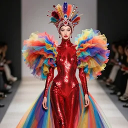 a fashion character design wearing a red sequined bodysuit, alexander mcqueen headdress, costume by eiko ishioka, haute couture, steven outram, colorful and psychedelic