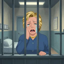 Hillary Clinton behind bars, in a prison cell, crying. illustration concept art in the style of Arthur Adams