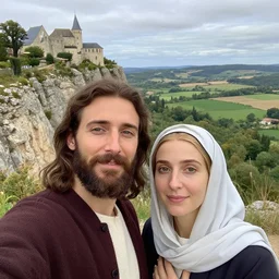 selfie close - up photo from a mobile phone of jesus and mary magdalene standing on a cliff looking over a beautiful landscape in france, rennes - le - chateau, award winning photo, very detailed, very realistic cinematic