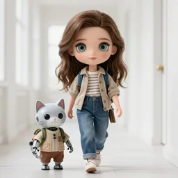 a beautiful woman and a robot cat wearing a travel outfit walks down a white corridor by olivia malone, long hair, amazingly detailed, fantastic detailed eyes, pretty face, aged 2 5, swedish, photo realistic, photograph, 3 5 mm, octane render, trending on artstation