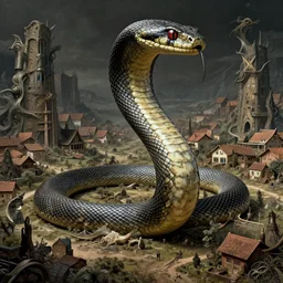 a giant snake near a village, high detail, 8k, ornate, dark fantasy, maximalist, realistic, masterpiece, complex, WLOP, film still from the movie directed by Denis Villeneuve with art direction by Salvador Dalí