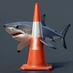 great white shark with a conical orange traffic cone orange traffic cone orange traffic cone instead of a fin - ron cheng & alphonse mucha, highly detailed, digital painting, ray tracing, concept art, illustration, smooth sharp focus, intricate, symmetry, artstation,