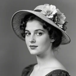 a vintage portrait of a young beautiful woman with a flower hat on, cinematic lighting, studio quality, high quality, smooth, sharp focus, circa 1 9 0 6, vintage, single face, black and white photography