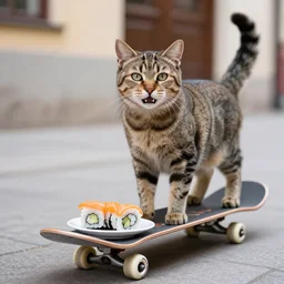 happy cat standing on a skateboard, plate with sushi on skateboard, in legnica, documentary photograph