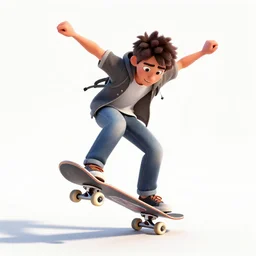 confident skateboarder mid-trick, stylized pixar-style 3d render, full body, standing, isolated on a pure white background, centered, whole figure in frame, sharp focus, studio lighting
