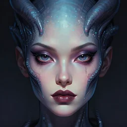 beautiful symmetrical xenomorph female face, aesthetic art, 8 k, high details, digital painting, concept art, matte painting, art by arstation and mimmo rottela, pixels art by paul robertson