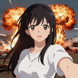 anime girl selfie with nuclear explosion, epic, beautiful, trending on artstation