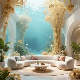 a modern indoor room underwater, surounded a hiper detailed thin golden tendrils, fractal ornaments, clean architecture, pastel colored, baroque, a couch, a couch table, some fresh plants, intricate detailed 3 d render, elegant, intense colors, wide shot, octane render, photorealistic, daylight, peaceful, 8 k