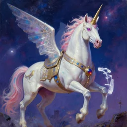 A cyborg Unicorn as the ultimate tyrant emperor of the universe. Realistic sci-fi cyberpunk concept. Trending on ArtStation. A vibrant digital oil painting. A highly detailed fantasy character illustration by Wayne Reynolds and Charles Monet and Gustave Dore and Carl Critchlow and Bram Sels