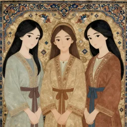 anime girls in the style of persian miniature art, by aqa mirak, reza abbasi museum, intricate, high details, high quality, hd