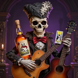 Mad hatter, bottle of whisky, guitar,death tarot card,highly detailed,half skull face,cinematic,8k,by Stanley Artgermm,Tom Bagshaw,Greg Rutkowski,Carne Griffiths, Ayami Kojima, Beksinski, Giger,trending on DeviantArt,hyper detailed,horror, full of colour