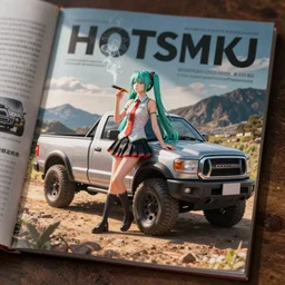 hatsune miku smoking a blunt in front of a pickup truck, advertisement photography 85mm, pickup truck magazine advertisement 85mm