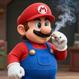 Medium shot photograph of mario smoking a joint, 4k, ultra HD