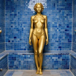 epic masterpiece full body portrait a beautiful woman, with a beautiful face and flawless golden skin, gold body paint, blue tile mosaic in the background, bathhouse, by Edgar Maxence and Ross Tran and Michael Whelan
