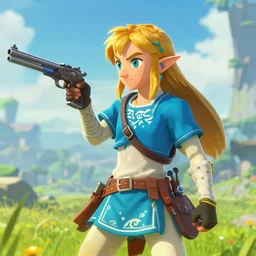 zelda from breath of the wild holding a gun