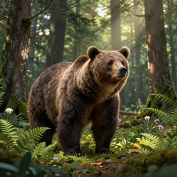 a realistic bear, beautiful, proportionate, atmosphere, vibe, forest, lot of trees, fern, flowers, concept art illustration, color page, tone mapping, akihiko yoshida, james jean, andrei riabovitchev, marc simonetti, digital illustration, greg rutowski, volumetric lighting, sunbeams, particles