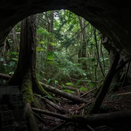 highly detailed photograph of a forest growing inside a dimly lit basement