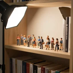 photo still of miniature crowd on a bookshelf, 8 k, studio lighting bright ambient lighting key light, 8 5 mm f 1. 8
