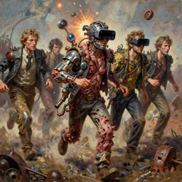 junky men running, cybertronic gadgets and vr helmet, sparks, flesh + technology, durty colours, rotten textures, rusty shapes, ralph meyer, biotechnology, norman rockwell, tim hildebrandt, viktor safonkin, dariusz zawadzki, bruce pennington, larry elmore, intricate details, hyperrealistic oil painting on canvas, deep depth field