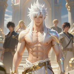 fullbody portrait of a male fit hero with strange hairs, soft smile, final fantasy, league of legends champion, strong iridescent light, by chengwei pan and sakimichan and greg rutkowski and alphonse mucha, gradient white to gold, in front of a magical building background, highly detailed portrait, digital painting, smooth, focus illustration