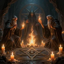 bearded wizards casting a spell surrounded with melting candles in tomb, pentagram, dark fantasy, scifi, volumetric lights, intricate, intense detail, digital painting, artstation, concept art, soft shading, cinematic, hyperealistic, illustration, style of h. r. giger, 3 d 4 k