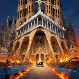 an obsidian Sagrada Família cathedral with a giant obsidian door and a path leading to it with a horse-drawn carriage on it, in the elemental plane of fire, with rivers of lava surrounding it, Dungeon and Dragon illustration, painted by Greg Rutkowski, 4k, trending on ArtStation