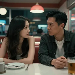 VFX movie interior badass Asian couple closeup sitting at 50s diner, night in the city, by Emmanuel Lubezki