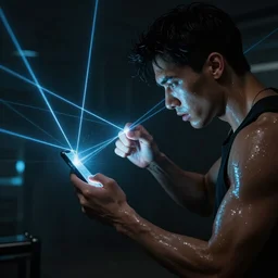 a man fighting an AI on his phone in a dark room with laser light, glistening skin, cyberpunk, art nouveau, dynamic lighting, high detail, concept art, artstation. by Paolo Eleuteri Serpieri