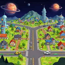 on main street in a small colony with futuristic buildings on a remote planet, from a space themed point and click 2 d graphic adventure game, art inspired by thomas kinkade