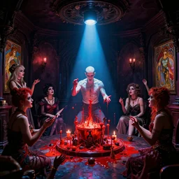 interior of dark goth club electric lighting single wan!! bald british man surrounded by tweakers!! addicts!! groupies! performing ritual blood!! magic! greg rutkowski artstation hdr vivid color vaporwave ( alphonse mucha )