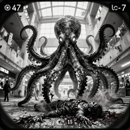camera footage of a extremely aggressive Giant mutated Octopus with glowing white eyes in an abandoned shopping mall, Psychic Mind flayer, Terrifying, Silhouette  :7 , high exposure, dark, monochrome, camera,  grainy, CCTV, security camera footage, timestamp, zoomed in, Feral, fish-eye lens, Fast, Radiation Mutated, Nightmare Fuel, Wolf, Evil, Bite, Motion Blur, horrifying, lunging at camera :4 bloody dead body, blood on floors, windows and walls :5