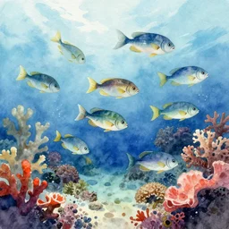 A school of fish swimming in a coral reef, watercolor, trending on artstation