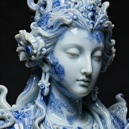 a dark baroque close - up portrait of an ornate blue and white porcelain being made out of white sci - fi vitrified translucent ceramic ; china. reflective detailed textures. gloomy black background. highly detailed fantasy science fiction painting by moebius, norman rockwell, frank frazetta, and syd mead. rich colors, high contrast. artstation