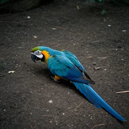 Blue and Gold Macaw in ground lost on backrooms, cinematic shot, cinestill 800 t